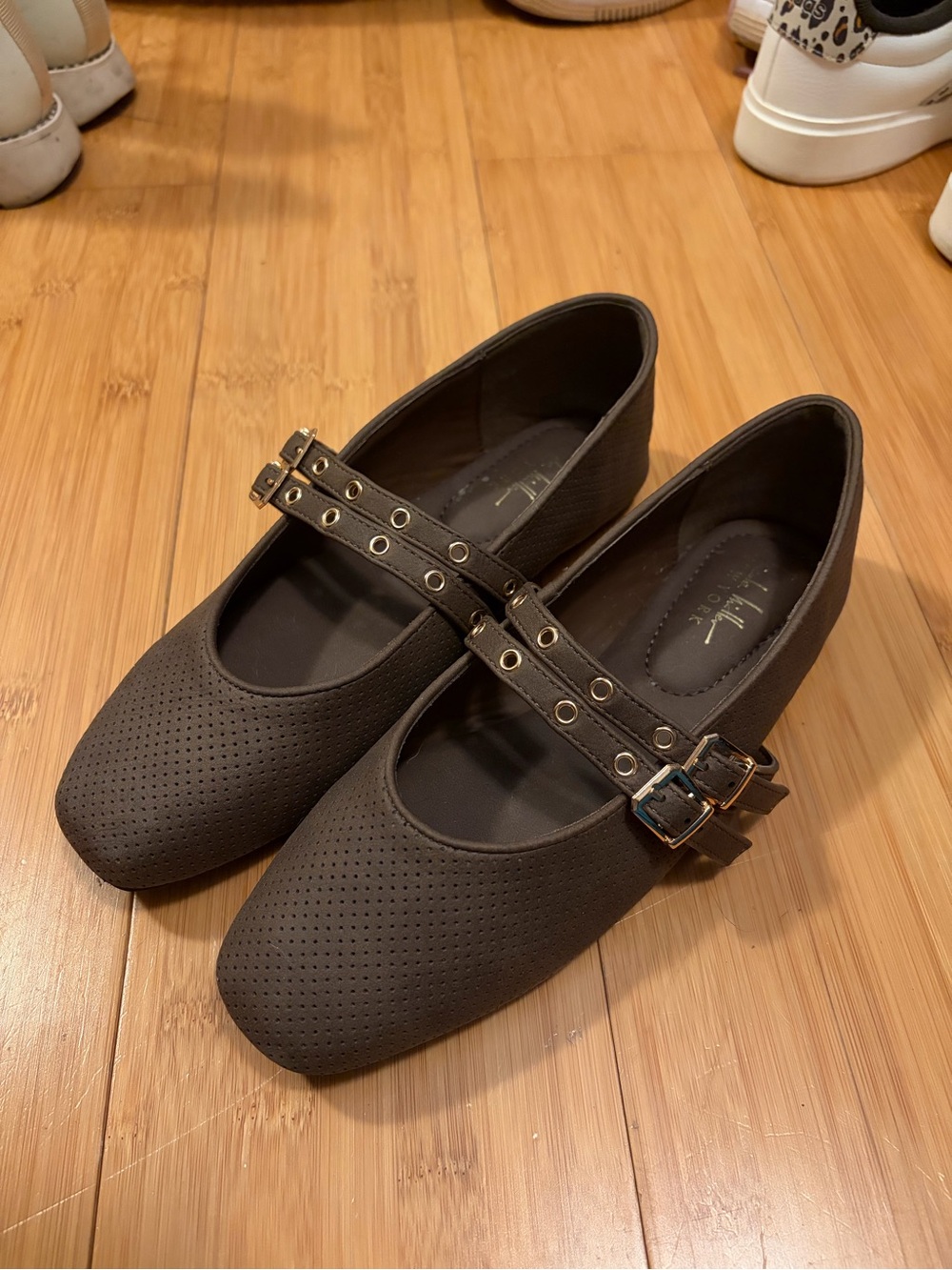 Perforated Double-Strap Mary Jane Flats in Dark Brown